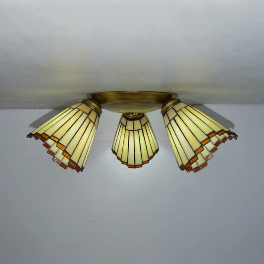 Geometric Ceiling Light with Prismatic/Swallow-Tail/House/Dome/Bell Shape Retro Style Stained Glass 3 Lights Flushmount Ceiling Light Clearhalo 'Ceiling Lights' 'Close To Ceiling Lights' 'Close to ceiling' 'Glass shade' 'Glass' 'Semi-flushmount' 'Tiffany close to ceiling' 'Tiffany' Lighting' 26086