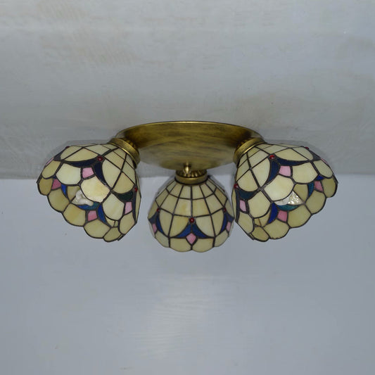 Geometric Ceiling Light with Prismatic/Swallow-Tail/House/Dome/Bell Shape Retro Style Stained Glass 3 Lights Flushmount Ceiling Light Clearhalo 'Ceiling Lights' 'Close To Ceiling Lights' 'Close to ceiling' 'Glass shade' 'Glass' 'Semi-flushmount' 'Tiffany close to ceiling' 'Tiffany' Lighting' 26088