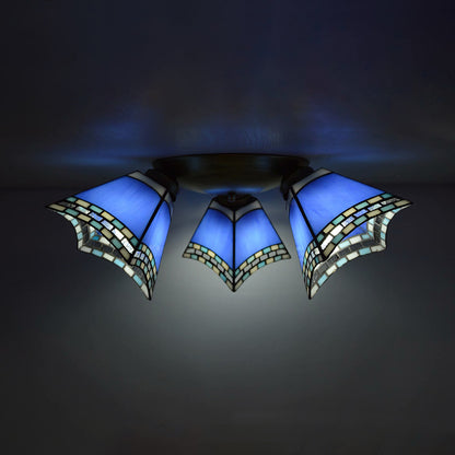 Geometric Ceiling Light with Prismatic/Swallow-Tail/House/Dome/Bell Shape Retro Style Stained Glass 3 Lights Flushmount Ceiling Light Brass Swallow-Tail Clearhalo 'Ceiling Lights' 'Close To Ceiling Lights' 'Close to ceiling' 'Glass shade' 'Glass' 'Semi-flushmount' 'Tiffany close to ceiling' 'Tiffany' Lighting' 26091