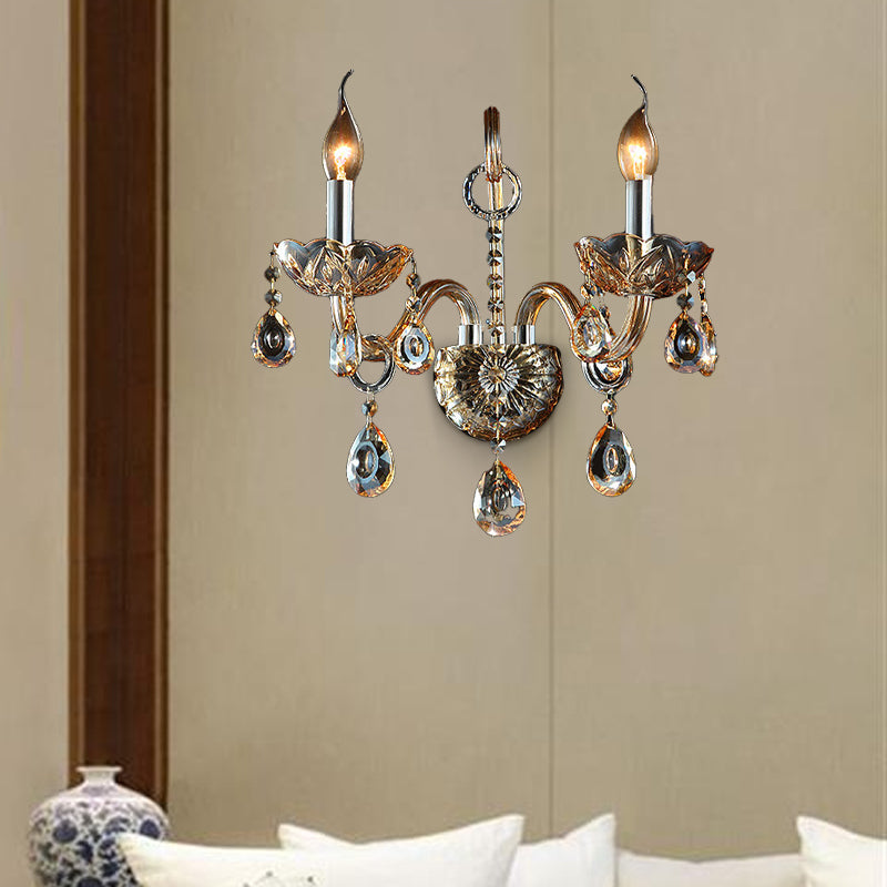Amber Glass Candle Sconce Light Modernism 1/2 Heads Bedroom Wall Light Fixture with Crystal Drip Accent Clearhalo 'Modern wall lights' 'Modern' 'Wall Lamps & Sconces' 'Wall Lights' Lighting' 260942