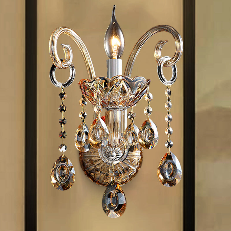 Amber Glass Candle Sconce Light Modernism 1/2 Heads Bedroom Wall Light Fixture with Crystal Drip Accent Clearhalo 'Modern wall lights' 'Modern' 'Wall Lamps & Sconces' 'Wall Lights' Lighting' 260945