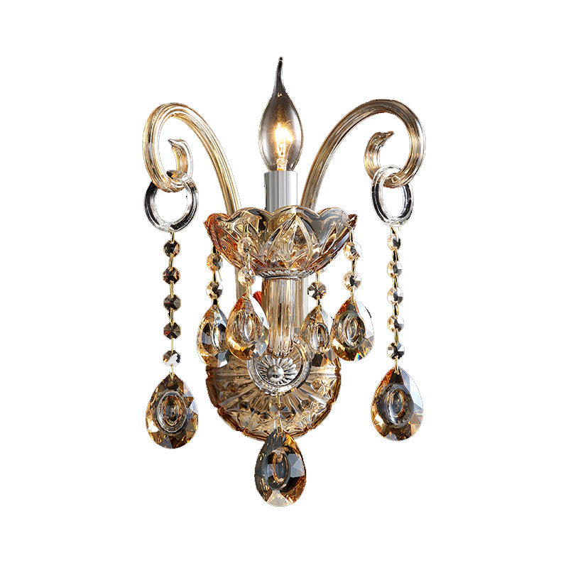 Amber Glass Candle Sconce Light Modernism 1/2 Heads Bedroom Wall Light Fixture with Crystal Drip Accent 1.0 Amber Clearhalo 'Modern wall lights' 'Modern' 'Wall Lamps & Sconces' 'Wall Lights' Lighting' 260948