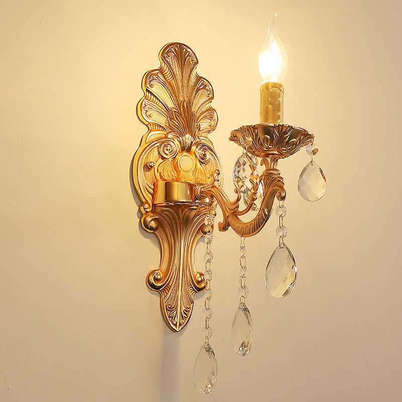 Candelabra Wall Light Fixture Postmodern Metal 1/2 Heads Living Room Sconce Light in Brass with Crystal Drip Accent 1.0 Brass Clearhalo 'Modern wall lights' 'Modern' 'Wall Lamps & Sconces' 'Wall Lights' Lighting' 260950