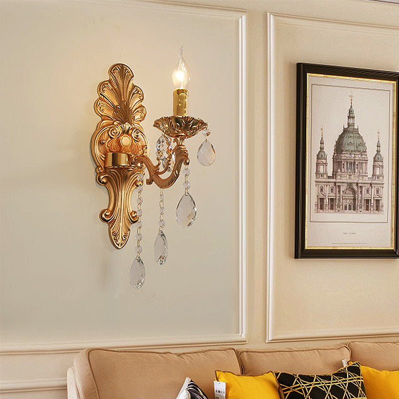 Candelabra Wall Light Fixture Postmodern Metal 1/2 Heads Living Room Sconce Light in Brass with Crystal Drip Accent Clearhalo 'Modern wall lights' 'Modern' 'Wall Lamps & Sconces' 'Wall Lights' Lighting' 260951