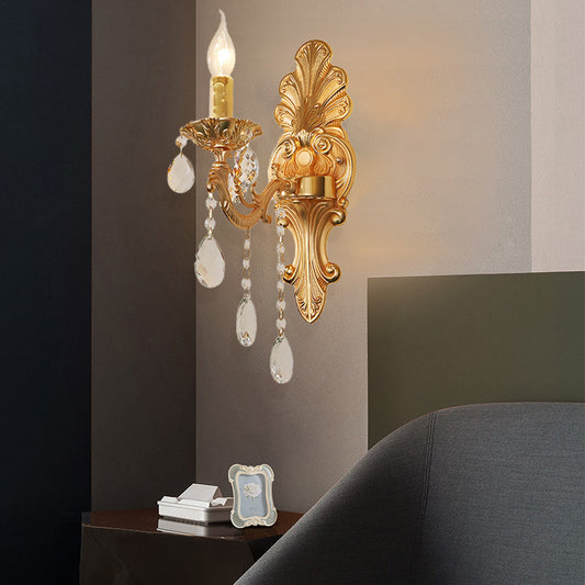 Candelabra Wall Light Fixture Postmodern Metal 1/2 Heads Living Room Sconce Light in Brass with Crystal Drip Accent Clearhalo 'Modern wall lights' 'Modern' 'Wall Lamps & Sconces' 'Wall Lights' Lighting' 260952