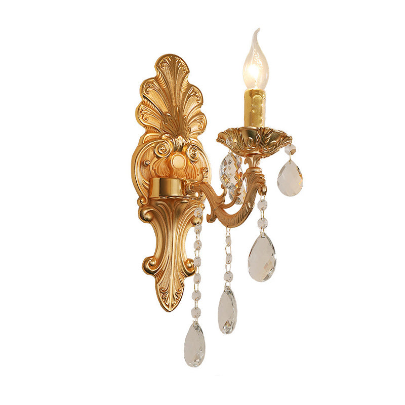 Candelabra Wall Light Fixture Postmodern Metal 1/2 Heads Living Room Sconce Light in Brass with Crystal Drip Accent Clearhalo 'Modern wall lights' 'Modern' 'Wall Lamps & Sconces' 'Wall Lights' Lighting' 260953