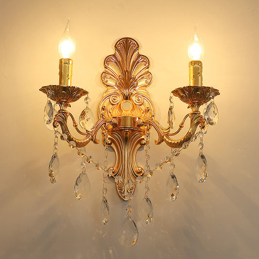 Candelabra Wall Light Fixture Postmodern Metal 1/2 Heads Living Room Sconce Light in Brass with Crystal Drip Accent 2.0 Brass Clearhalo 'Modern wall lights' 'Modern' 'Wall Lamps & Sconces' 'Wall Lights' Lighting' 260956