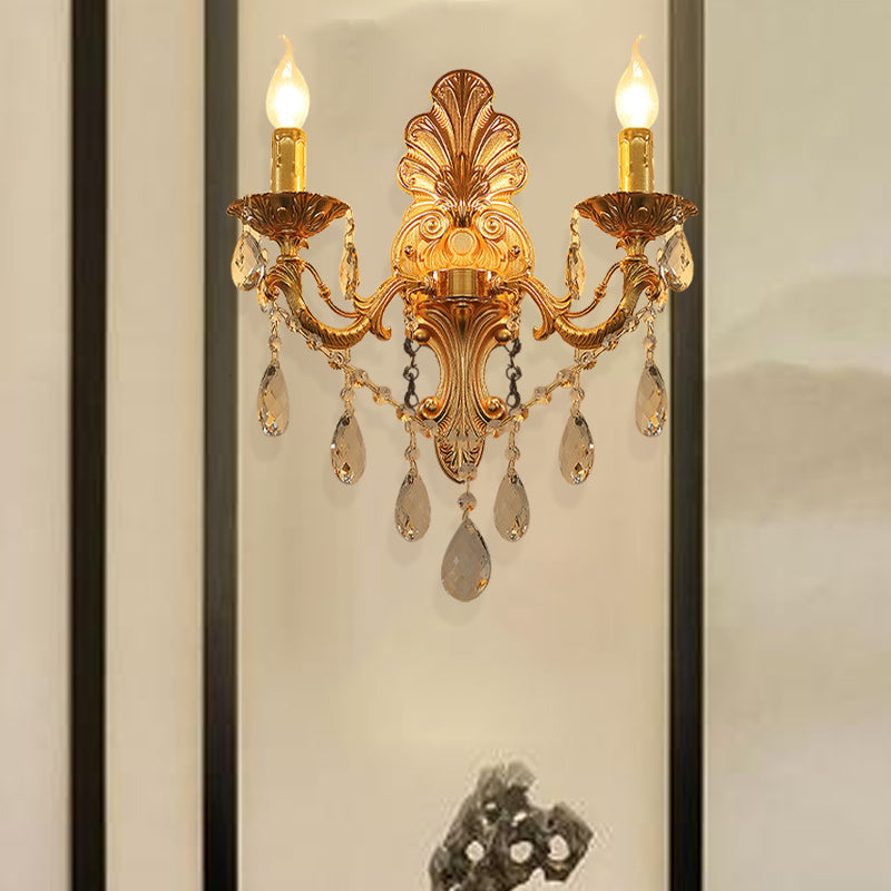 Candelabra Wall Light Fixture Postmodern Metal 1/2 Heads Living Room Sconce Light in Brass with Crystal Drip Accent Clearhalo 'Modern wall lights' 'Modern' 'Wall Lamps & Sconces' 'Wall Lights' Lighting' 260957