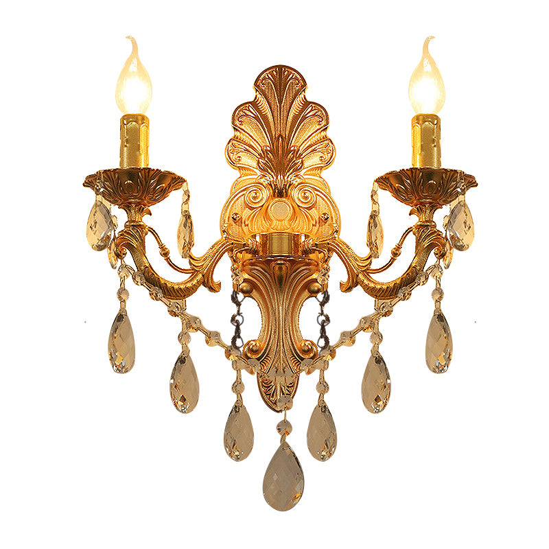 Candelabra Wall Light Fixture Postmodern Metal 1/2 Heads Living Room Sconce Light in Brass with Crystal Drip Accent Clearhalo 'Modern wall lights' 'Modern' 'Wall Lamps & Sconces' 'Wall Lights' Lighting' 260959