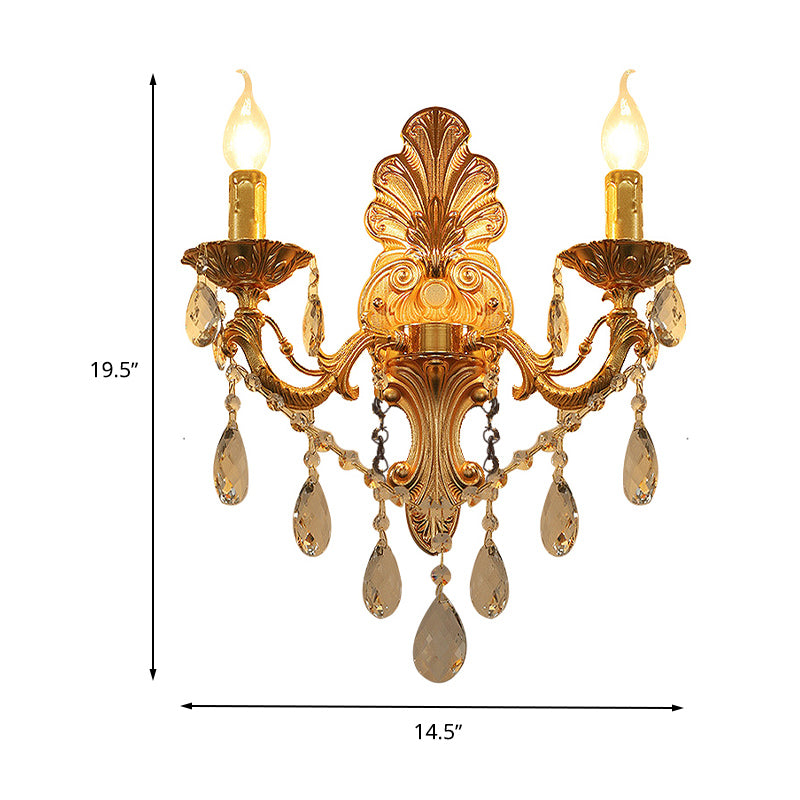 Candelabra Wall Light Fixture Postmodern Metal 1/2 Heads Living Room Sconce Light in Brass with Crystal Drip Accent Clearhalo 'Modern wall lights' 'Modern' 'Wall Lamps & Sconces' 'Wall Lights' Lighting' 260960
