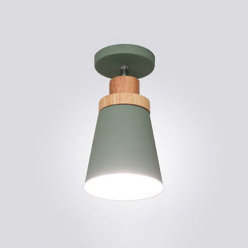 1-Light Metal Shade Semi Flush Mount Lighting Nordic Modern Style Wood Ceiling Light for Hallway Green Cone Clearhalo 'Ceiling Lights' 'Close To Ceiling Lights' 'Lighting' 2609717