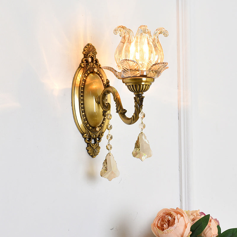 Clear Glass Flower Wall Mounted Light Modern 1/2 Heads Brass Sconce Light with Crystal Drop - Clearhalo - 'Modern wall lights' - 'Modern' - 'Wall Lamps & Sconces' - 'Wall Lights' - Lighting' - 261007
