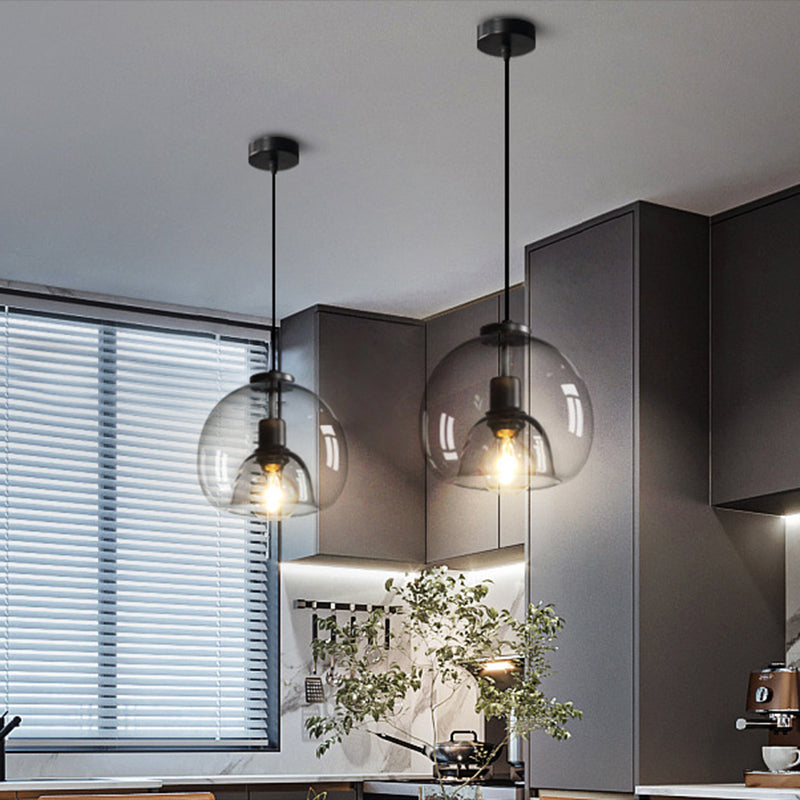 Black Spherical Pendant Light Modern Minimalist Clear Glass Dining Room Hanging Lamp Clearhalo 'Ceiling Lights' 'Pendant Lights' 'Pendants' Lighting' 2610145
