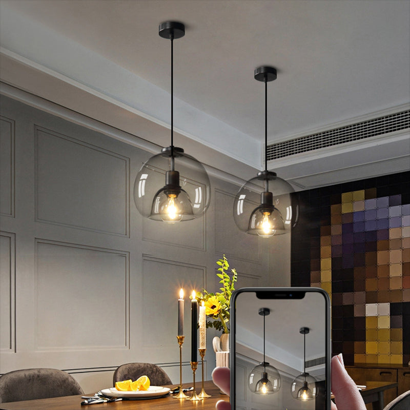 Black Spherical Pendant Light Modern Minimalist Clear Glass Dining Room Hanging Lamp Clearhalo 'Ceiling Lights' 'Pendant Lights' 'Pendants' Lighting' 2610146