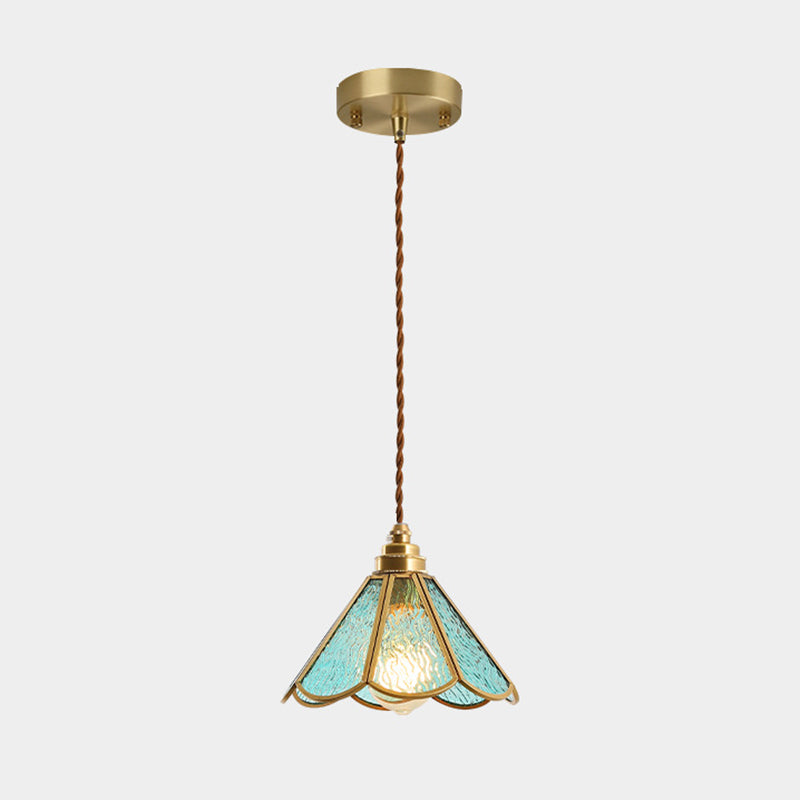 Icy Clear Glass Shade Hanging Lamp 1 Light Tiffany-Style Pendant Light Fixture for Bedroom Blue Cone Clearhalo 'Ceiling Lights' 'Pendant Lights' 'Pendants' Lighting' 2610197