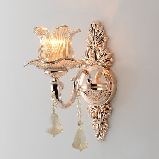 Flower Wall Mounted Light Fixture Modern Prism Glass 1/2 Heads Brass Sconce Light with Crystal Drop Accent 1.0 Brass Clearhalo 'Cast Iron' 'Glass' 'Industrial' 'Modern wall lights' 'Modern' 'Tiffany' 'Traditional wall lights' 'Wall Lamps & Sconces' 'Wall Lights' Lighting' 261038