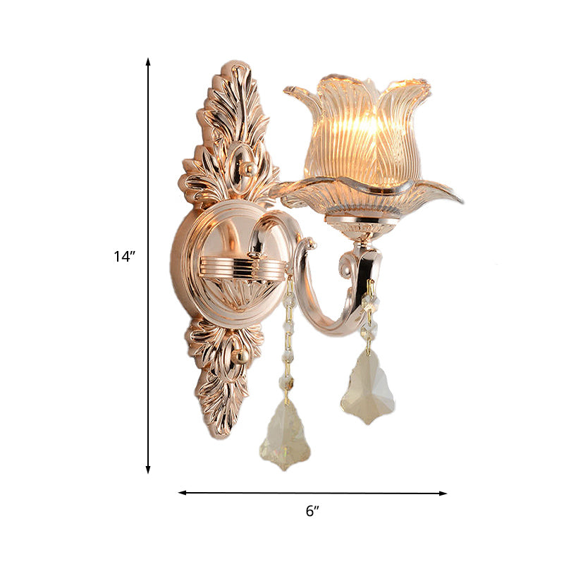 Flower Wall Mounted Light Fixture Modern Prism Glass 1/2 Heads Brass Sconce Light with Crystal Drop Accent Clearhalo 'Cast Iron' 'Glass' 'Industrial' 'Modern wall lights' 'Modern' 'Tiffany' 'Traditional wall lights' 'Wall Lamps & Sconces' 'Wall Lights' Lighting' 261042
