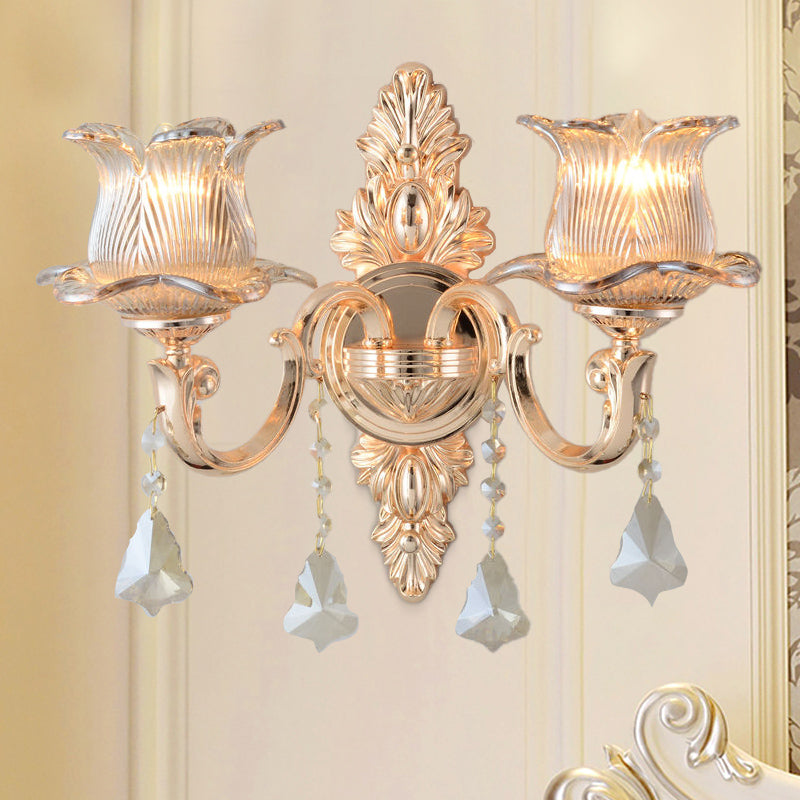 Flower Wall Mounted Light Fixture Modern Prism Glass 1/2 Heads Brass Sconce Light with Crystal Drop Accent 2.0 Brass Clearhalo 'Cast Iron' 'Glass' 'Industrial' 'Modern wall lights' 'Modern' 'Tiffany' 'Traditional wall lights' 'Wall Lamps & Sconces' 'Wall Lights' Lighting' 261044