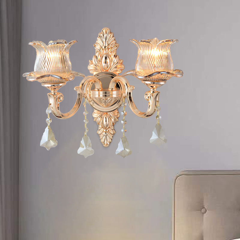 Flower Wall Mounted Light Fixture Modern Prism Glass 1/2 Heads Brass Sconce Light with Crystal Drop Accent Clearhalo 'Cast Iron' 'Glass' 'Industrial' 'Modern wall lights' 'Modern' 'Tiffany' 'Traditional wall lights' 'Wall Lamps & Sconces' 'Wall Lights' Lighting' 261045
