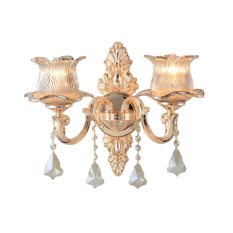 Flower Wall Mounted Light Fixture Modern Prism Glass 1/2 Heads Brass Sconce Light with Crystal Drop Accent Clearhalo 'Cast Iron' 'Glass' 'Industrial' 'Modern wall lights' 'Modern' 'Tiffany' 'Traditional wall lights' 'Wall Lamps & Sconces' 'Wall Lights' Lighting' 261047