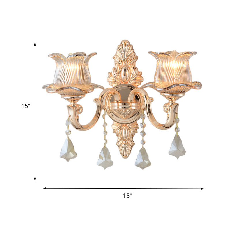 Flower Wall Mounted Light Fixture Modern Prism Glass 1/2 Heads Brass Sconce Light with Crystal Drop Accent Clearhalo 'Cast Iron' 'Glass' 'Industrial' 'Modern wall lights' 'Modern' 'Tiffany' 'Traditional wall lights' 'Wall Lamps & Sconces' 'Wall Lights' Lighting' 261048