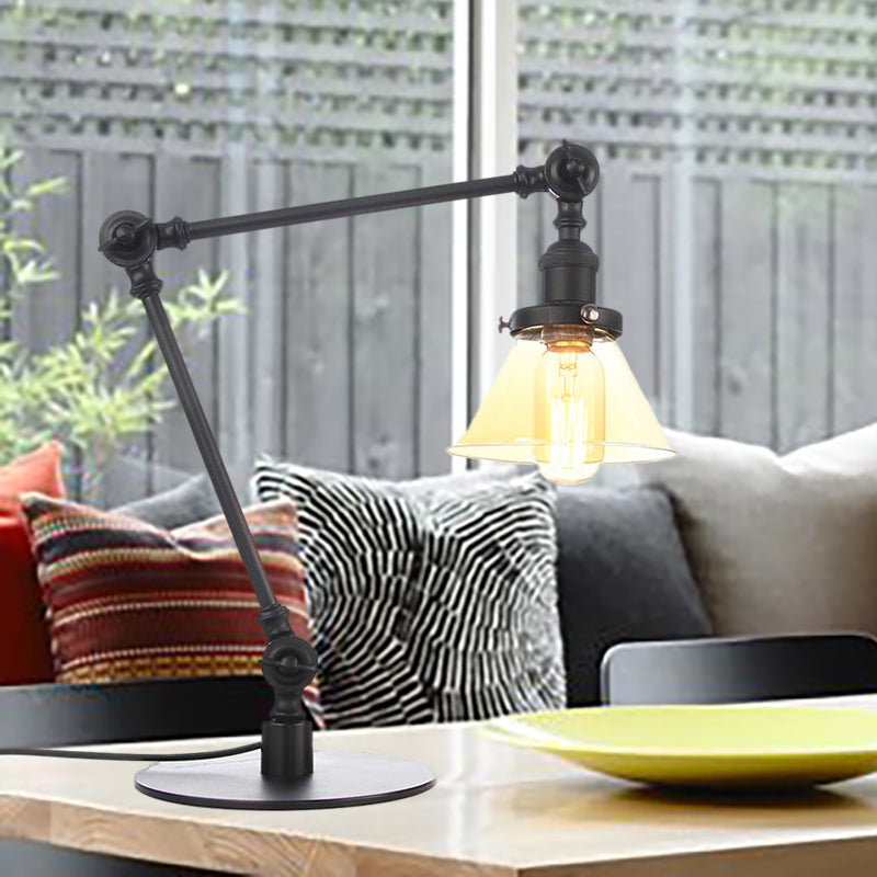 Industrial Style Conic Table Light Amber/Clear Glass and Metal 1 Light Bedroom Table Lamp with Adjustable Arm in Black/Brass Black Amber A Clearhalo 'Lamps' 'Table Lamps' Lighting' 261050