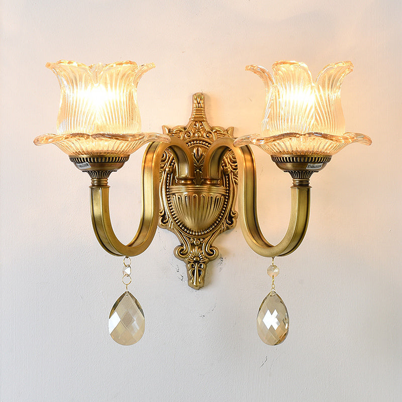 Floral Shape Wall Light Fixture Modernism Prism Glass 1/2 Heads Brass Sconce Light