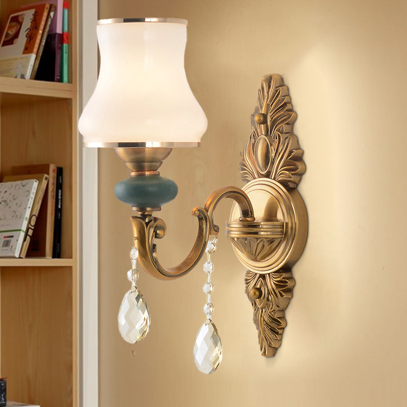 Vase White Glass Wall Mount Light Nordic Living Room 1/2 Heads Brass Sconce Light Fixture 1.0 Brass Clearhalo 'Cast Iron' 'Glass' 'Industrial' 'Modern wall lights' 'Modern' 'Tiffany' 'Traditional wall lights' 'Wall Lamps & Sconces' 'Wall Lights' Lighting' 261163