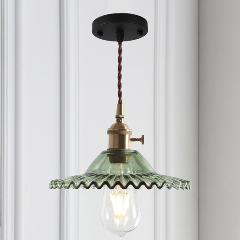 8.66'' Width Brass Pendant Light Industrial Scalloped Glass Shade Mini Hanging Lamp for Coffee Shop Black Green Clearhalo 'Ceiling Lights' 'Pendant Lights' 'Pendants' Lighting' 2611793