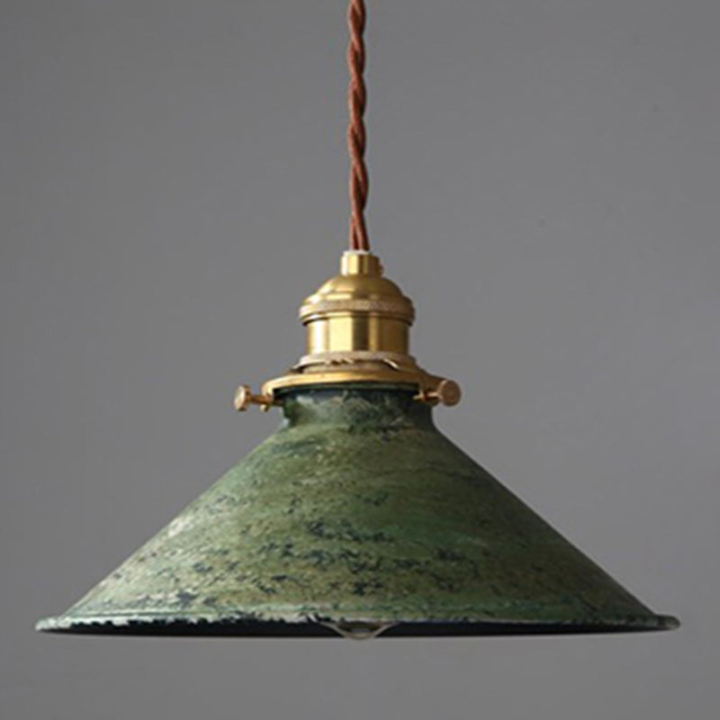 Industrial Wrought Iron Pendant Light 1 Light Metal Railroad Shade Lighting Fixture in Aged Rusty Finish Green Cone Clearhalo 'Ceiling Lights' 'Pendant Lights' 'Pendants' Lighting' 2611814