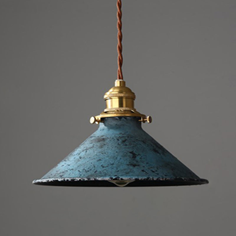 Industrial Wrought Iron Pendant Light 1 Light Metal Railroad Shade Lighting Fixture in Aged Rusty Finish Blue Cone Clearhalo 'Ceiling Lights' 'Pendant Lights' 'Pendants' Lighting' 2611815