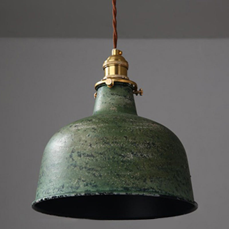 Industrial Wrought Iron Pendant Light 1 Light Metal Railroad Shade Lighting Fixture in Aged Rusty Finish Green Bell Clearhalo 'Ceiling Lights' 'Pendant Lights' 'Pendants' Lighting' 2611825