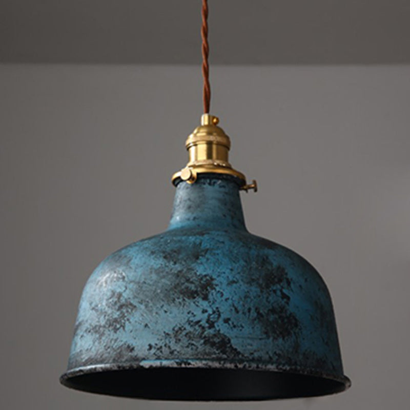 Industrial Wrought Iron Pendant Light 1 Light Metal Railroad Shade Lighting Fixture in Aged Rusty Finish Blue Bell Clearhalo 'Ceiling Lights' 'Pendant Lights' 'Pendants' Lighting' 2611827