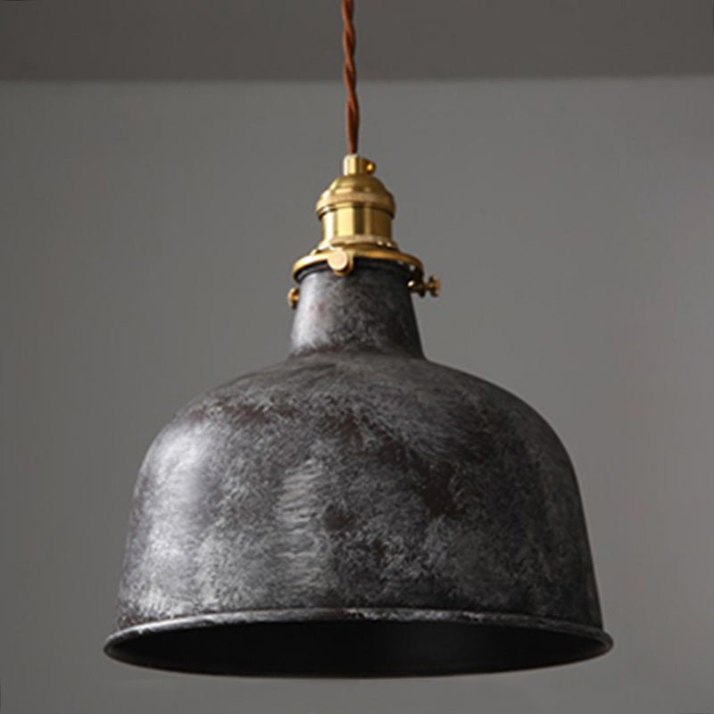 Industrial Wrought Iron Pendant Light 1 Light Metal Railroad Shade Lighting Fixture in Aged Rusty Finish White Bell Clearhalo 'Ceiling Lights' 'Pendant Lights' 'Pendants' Lighting' 2611829