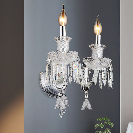 Candelabra Clear Glass Wall Light Fixture Modern 1/2 Heads Chrome Sconce Light with Diamond Shape Crystal Decoration Clearhalo 'Modern wall lights' 'Modern' 'Wall Lamps & Sconces' 'Wall Lights' Lighting' 261192