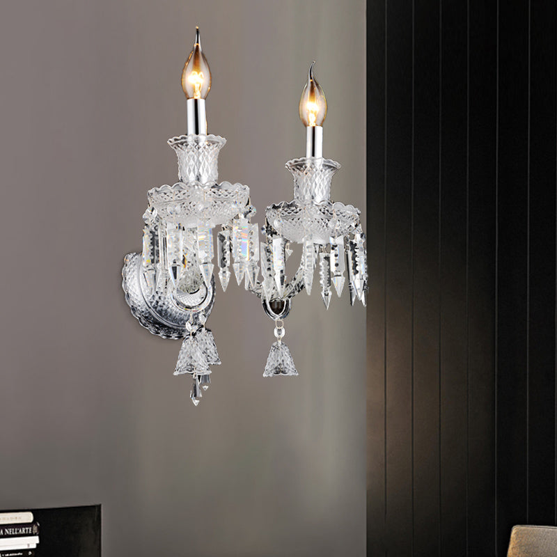 Candelabra Clear Glass Wall Light Fixture Modern 1/2 Heads Chrome Sconce Light with Diamond Shape Crystal Decoration Clearhalo 'Modern wall lights' 'Modern' 'Wall Lamps & Sconces' 'Wall Lights' Lighting' 261193