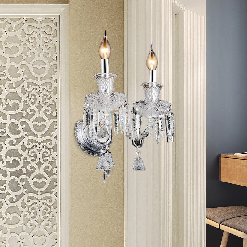 Candelabra Clear Glass Wall Light Fixture Modern 1/2 Heads Chrome Sconce Light with Diamond Shape Crystal Decoration Clearhalo 'Modern wall lights' 'Modern' 'Wall Lamps & Sconces' 'Wall Lights' Lighting' 261194