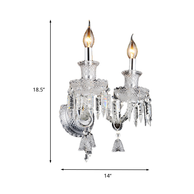 Candelabra Clear Glass Wall Light Fixture Modern 1/2 Heads Chrome Sconce Light with Diamond Shape Crystal Decoration Clearhalo 'Modern wall lights' 'Modern' 'Wall Lamps & Sconces' 'Wall Lights' Lighting' 261196