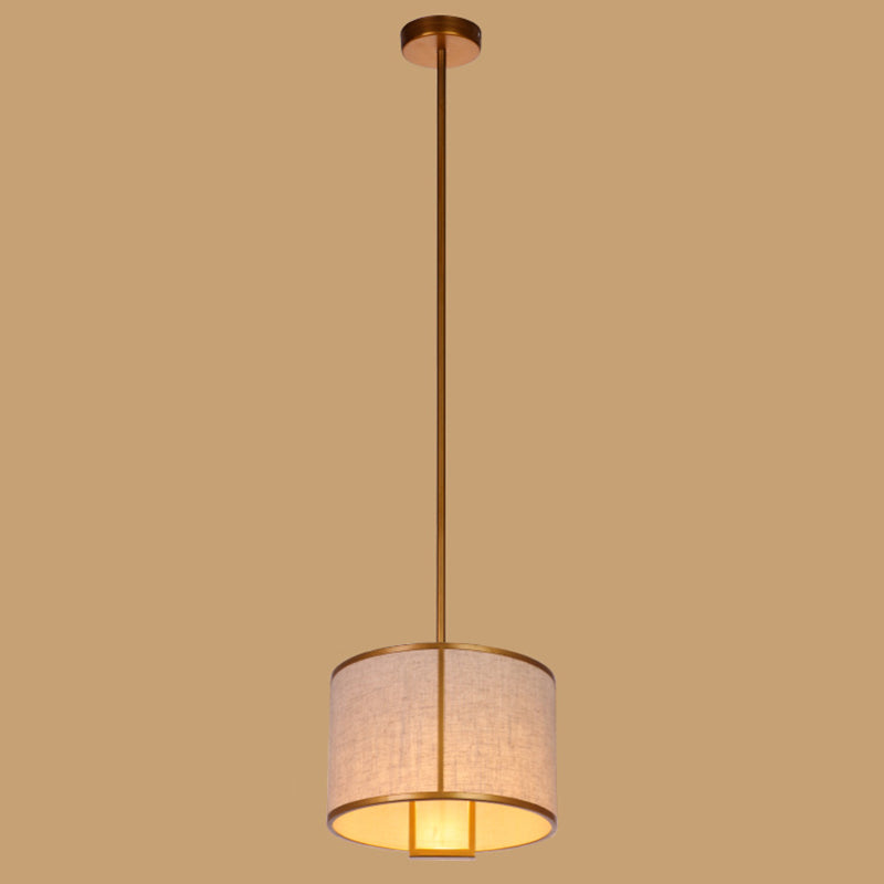 Single Light Fabric Drum Pendant Light Minimalist Living Room Hanging Light with 47" Carbon Steel Hanging Rod Bronze 10" Clearhalo 'Ceiling Lights' 'Pendant Lights' 'Pendants' Lighting' 2611965