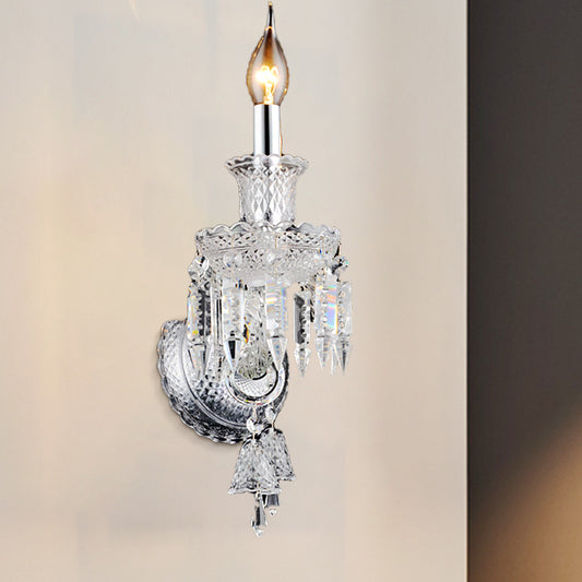 Candelabra Clear Glass Wall Light Fixture Modern 1/2 Heads Chrome Sconce Light with Diamond Shape Crystal Decoration 1.0 Clear Clearhalo 'Modern wall lights' 'Modern' 'Wall Lamps & Sconces' 'Wall Lights' Lighting' 261197