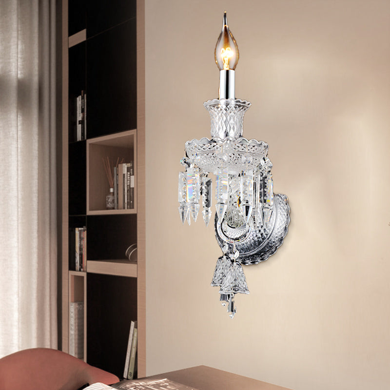 Candelabra Clear Glass Wall Light Fixture Modern 1/2 Heads Chrome Sconce Light with Diamond Shape Crystal Decoration Clearhalo 'Modern wall lights' 'Modern' 'Wall Lamps & Sconces' 'Wall Lights' Lighting' 261198