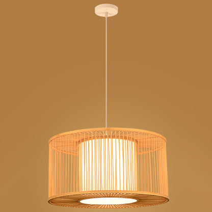 Asian Style Simplicity Hanging Light Bamboo & Imitation Sheepskin Double Shade 1 Light Pendant Lamp Wood Drum Clearhalo 'Ceiling Lights' 'Pendant Lights' 'Pendants' Lighting' 2611986