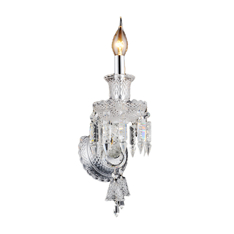 Candelabra Clear Glass Wall Light Fixture Modern 1/2 Heads Chrome Sconce Light with Diamond Shape Crystal Decoration Clearhalo 'Modern wall lights' 'Modern' 'Wall Lamps & Sconces' 'Wall Lights' Lighting' 261199
