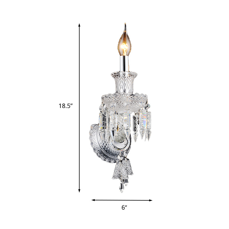 Candelabra Clear Glass Wall Light Fixture Modern 1/2 Heads Chrome Sconce Light with Diamond Shape Crystal Decoration Clearhalo 'Modern wall lights' 'Modern' 'Wall Lamps & Sconces' 'Wall Lights' Lighting' 261200