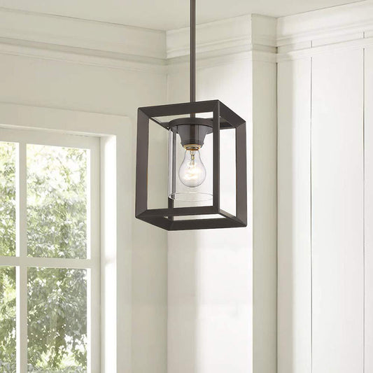 1 Light Suspension Lamp Classic Cylinder Clear Glass Hanging Ceiling Light in Black with Square Frame Clearhalo 'Ceiling Lights' 'Glass shade' 'Glass' 'Pendant Lights' 'Pendants' Lighting' 261208