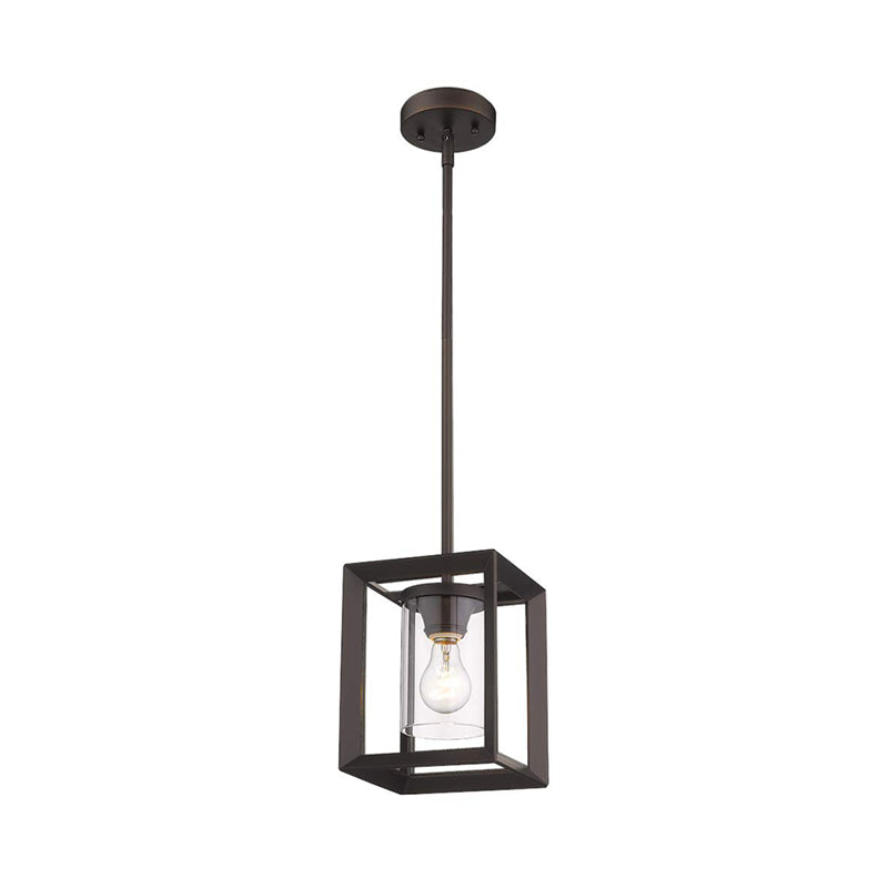 1 Light Suspension Lamp Classic Cylinder Clear Glass Hanging Ceiling Light in Black with Square Frame Clearhalo 'Ceiling Lights' 'Glass shade' 'Glass' 'Pendant Lights' 'Pendants' Lighting' 261210