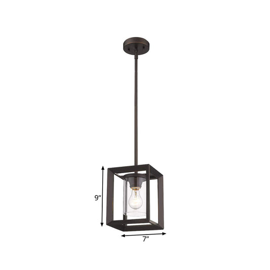 1 Light Suspension Lamp Classic Cylinder Clear Glass Hanging Ceiling Light in Black with Square Frame Clearhalo 'Ceiling Lights' 'Glass shade' 'Glass' 'Pendant Lights' 'Pendants' Lighting' 261211