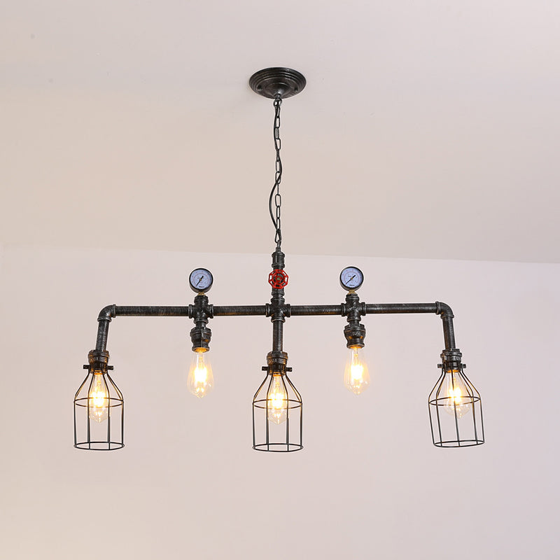 Pipe and Gauge Metal Island Lighting Industrial 5 Lights Restaurant Suspension Light with Cage in Black Clearhalo 'Ceiling Lights' 'Island Lights' 'Lighting' 2612400