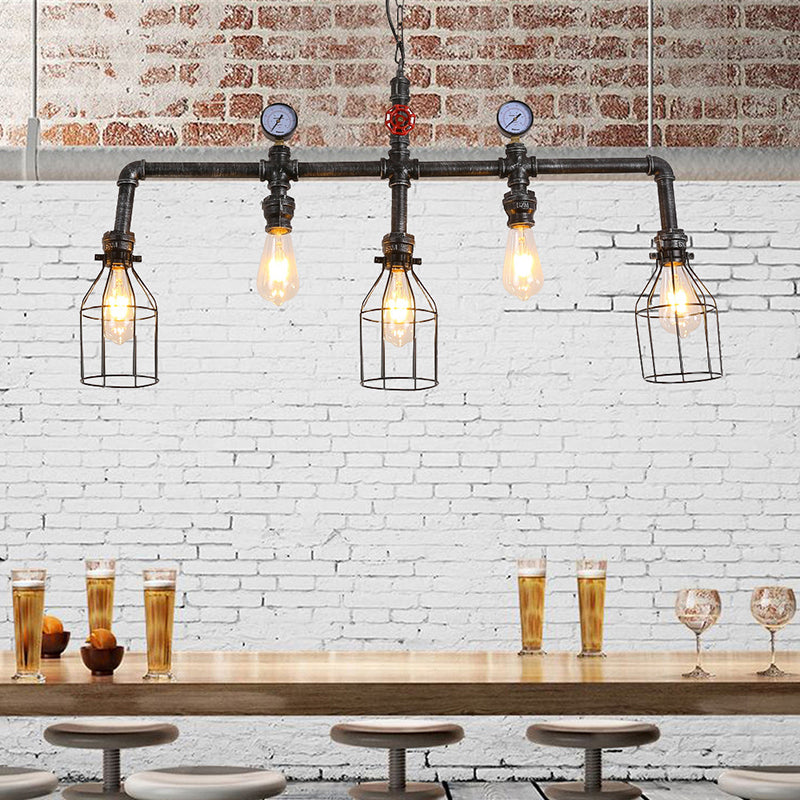 Pipe and Gauge Metal Island Lighting Industrial 5 Lights Restaurant Suspension Light with Cage in Black Clearhalo 'Ceiling Lights' 'Island Lights' 'Lighting' 2612401