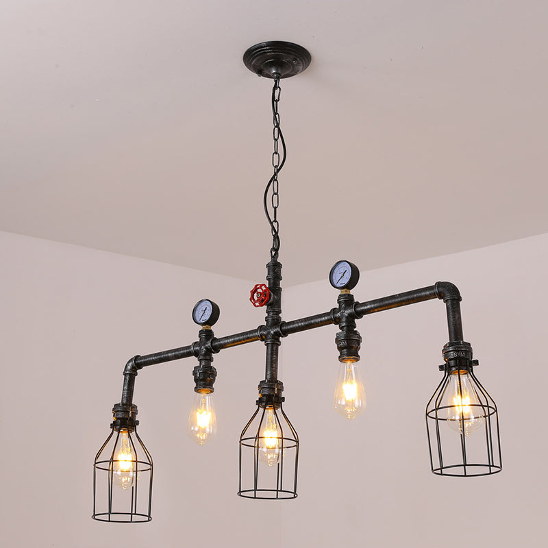 Pipe and Gauge Metal Island Lighting Industrial 5 Lights Restaurant Suspension Light with Cage in Black Clearhalo 'Ceiling Lights' 'Island Lights' 'Lighting' 2612402